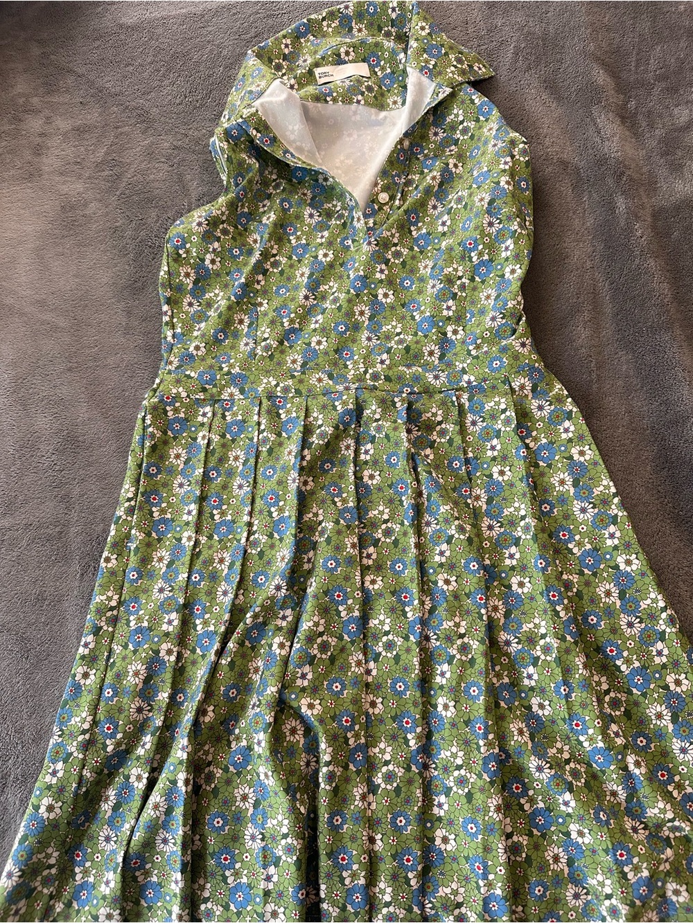 Tory Burch Green Floral Sleeveless Fit-and-Flare Dress - Picture 3 of 4